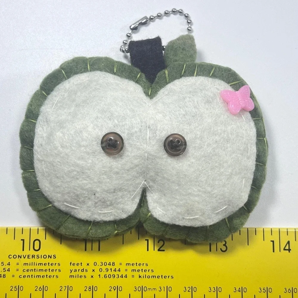 Handmade Felt Green Apple Keychain Cottagecore Plush Bag Charm Button Detail